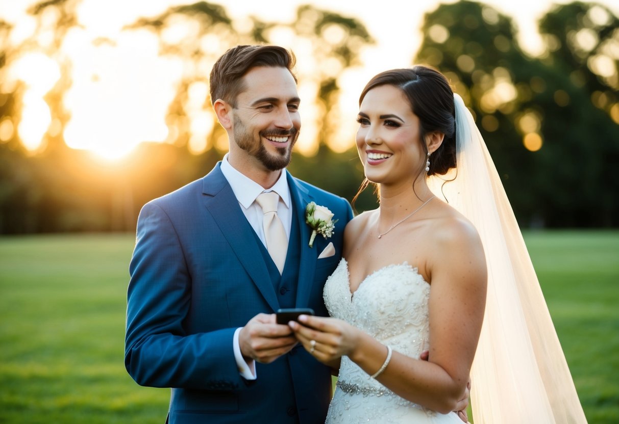 A bride and groom stand together, smiling, as they listen to their wedding playlist. The sun is setting behind them, casting a warm glow over the scene
