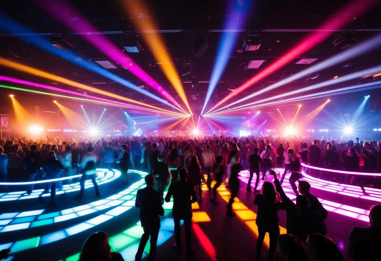 Colorful disco lights flash and swirl on a crowded dance floor, pulsing to the beat of an energetic song