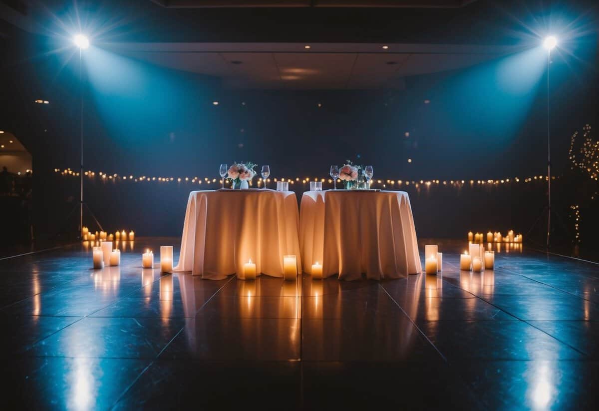 A dimly lit dance floor with a spotlight on a couple's empty table, surrounded by glowing candles and soft, romantic music playing in the background