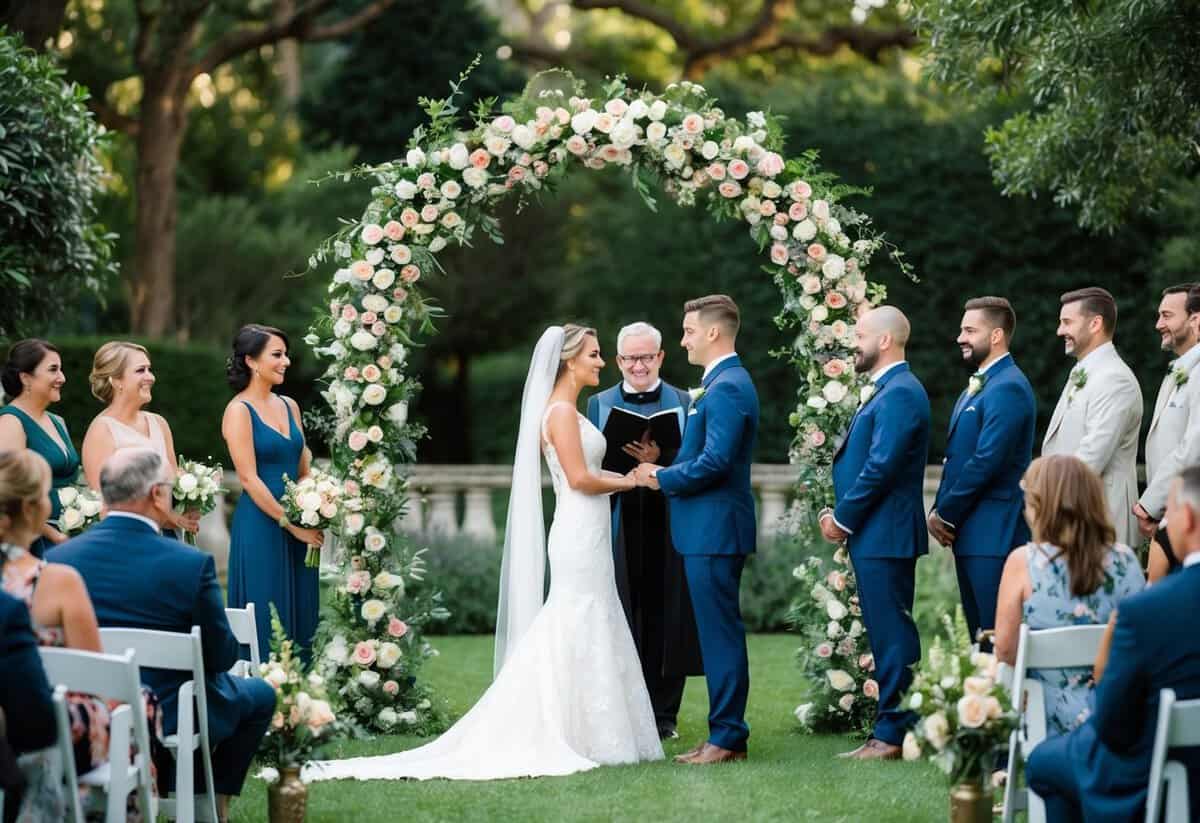 A couple stands beneath a floral arch in a lush garden, surrounded by friends and family. An officiant leads a ceremony, as the couple exchange vows and rings