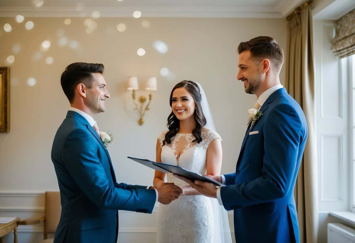 A bride and groom stand before a registrar and witnesses in a simple, elegant room