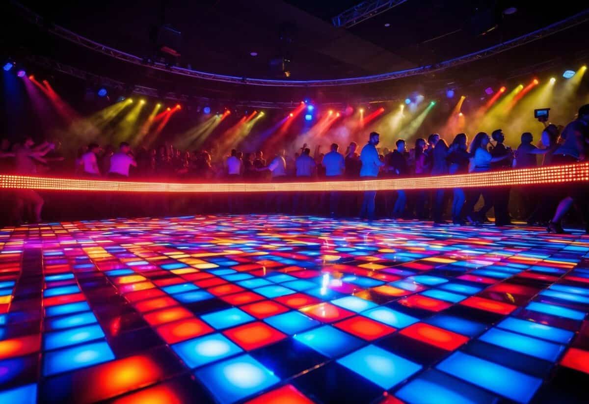 A crowded dance floor pulses with colorful lights and energetic movement