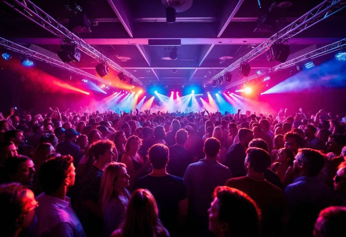 A crowded dance floor pulsating with colorful lights and energetic music