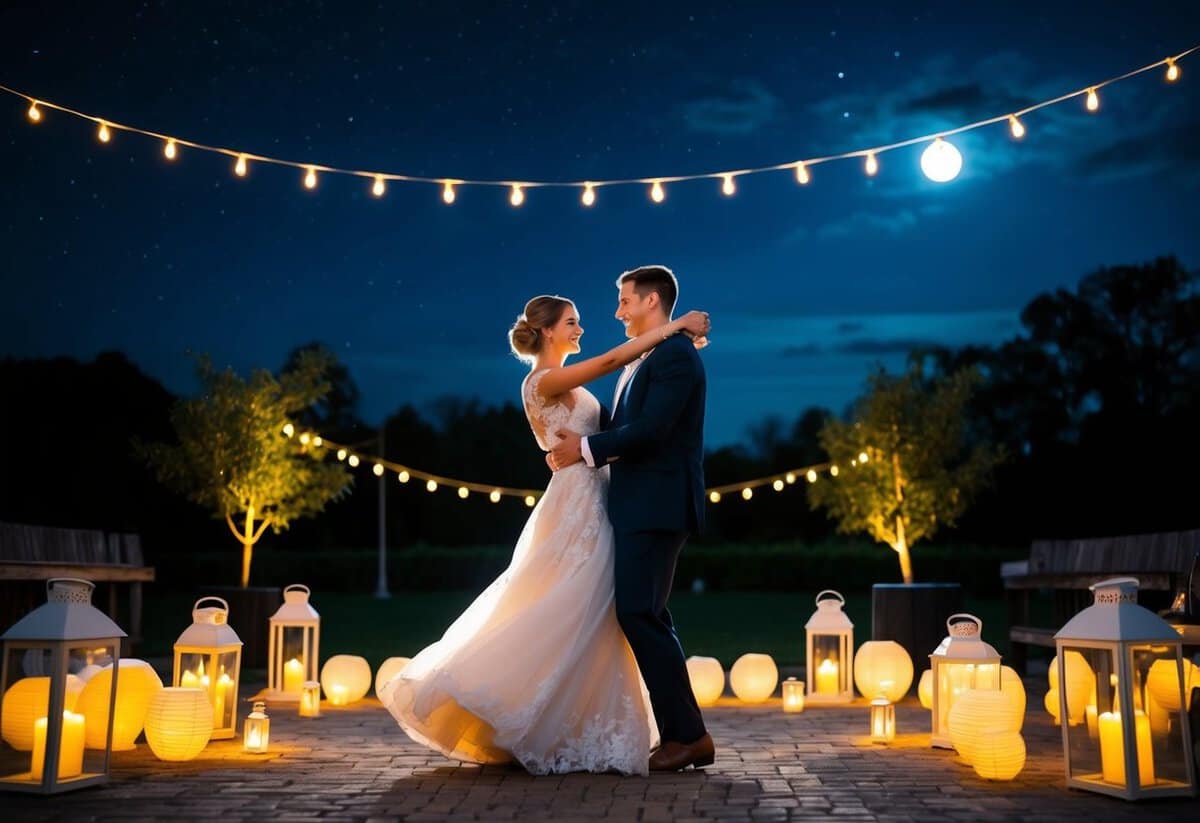 A couple dancing under the stars, surrounded by glowing lanterns and the soft glow of moonlight