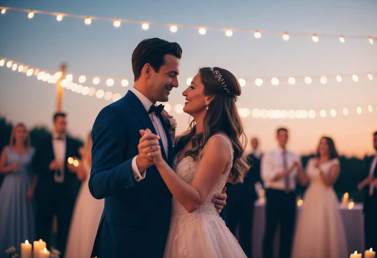 A couple dancing under the stars, surrounded by soft candlelight and the sound of a classic love song playing in the background