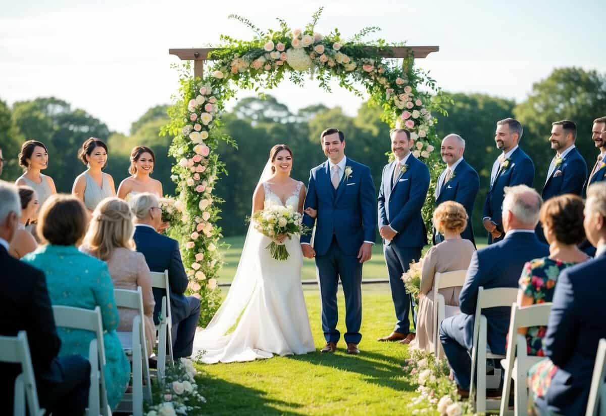A sunlit outdoor wedding ceremony with a couple standing under a floral arch, surrounded by friends and family, with a serene and joyful atmosphere