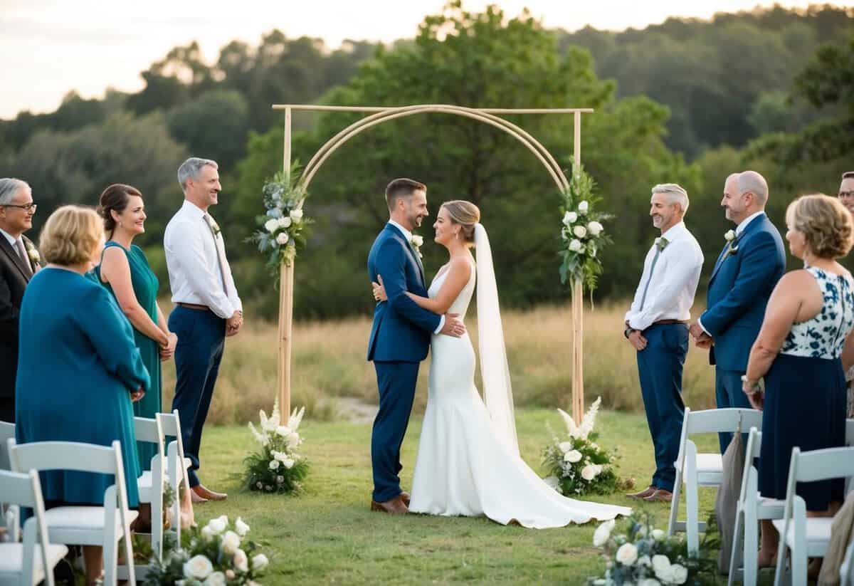 A couple stands under a simple arch in a natural setting, surrounded by family and friends. The ceremony is brief, lasting around 20-30 minutes