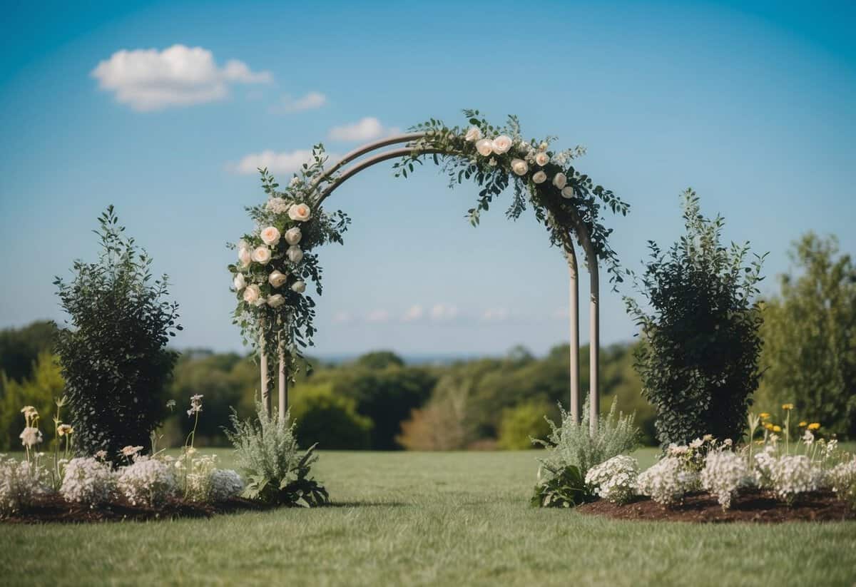 A serene outdoor setting with a simple arch, surrounded by greenery and flowers, under a clear blue sky