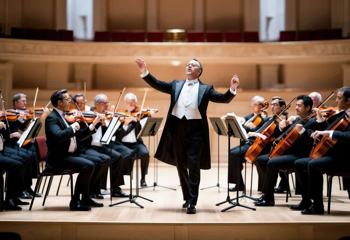 A grand orchestra performing in a majestic concert hall, with the conductor passionately leading the musicians in a powerful and emotive performance