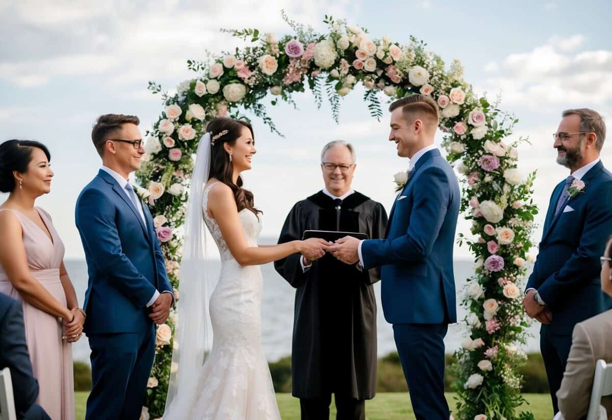 A couple standing under a floral arch exchanging vows with an officiant, surrounded by family and friends