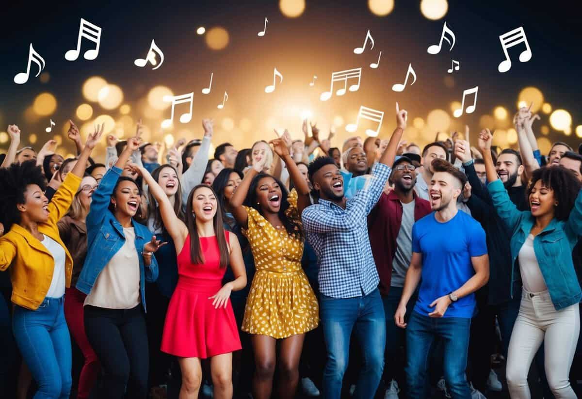 A crowd of diverse people dancing and singing along to a top song, with music notes and symbols floating in the air
