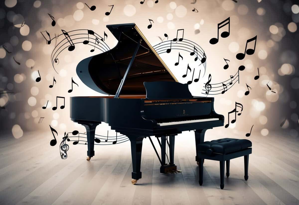 A grand piano surrounded by a symphony of musical notes floating in the air