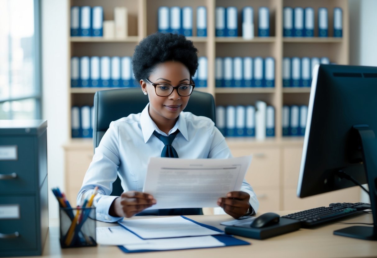 A registrar reviewing documents at a desk, surrounded by filing cabinets and a computer, with a professional and organized demeanor