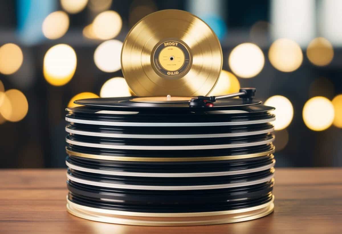 A stack of vinyl records with a gold record on top, symbolizing the most number 1 songs