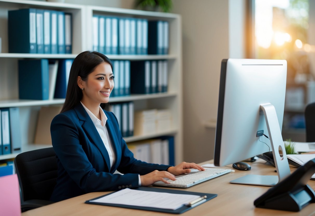 A registrar at a desk with a computer, files, and a phone. Busy office setting with shelves of binders and paperwork