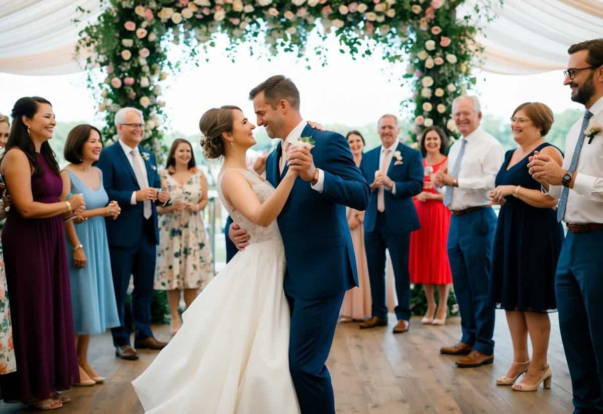 A couple dances under a canopy of flowers, surrounded by friends and family, as music fills the air