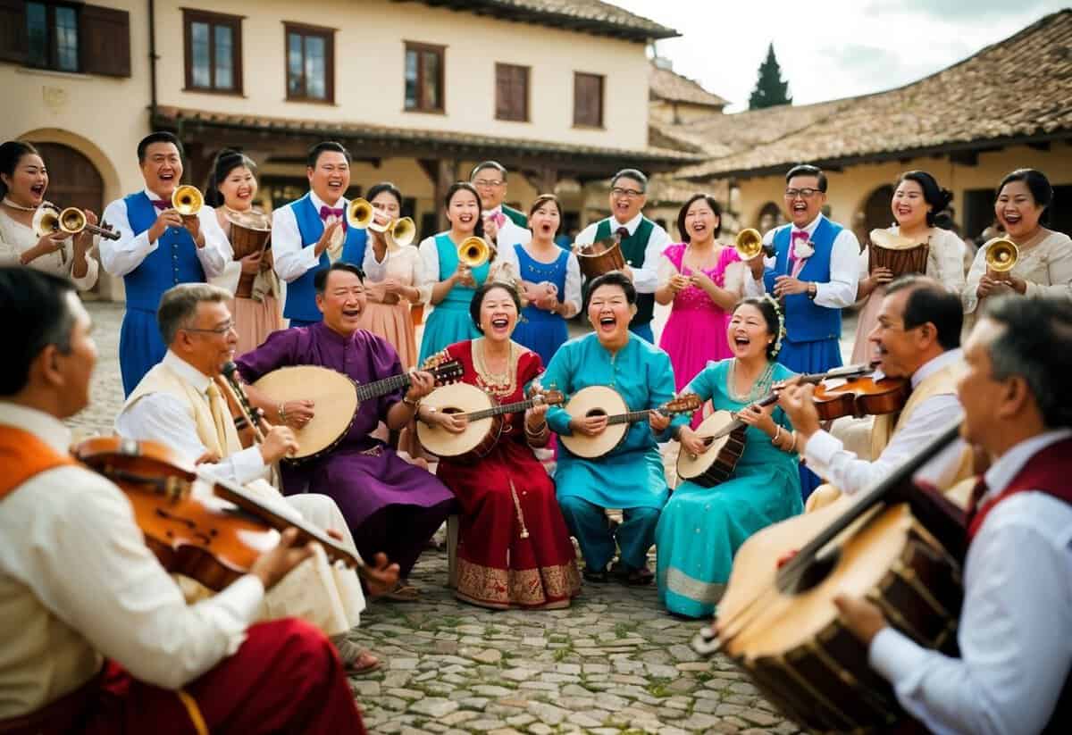 A group of people gather in a village square, playing traditional instruments and singing a joyous wedding song