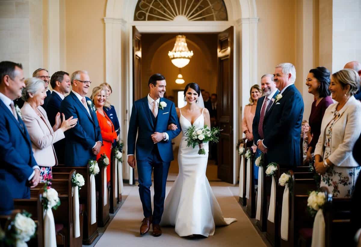 A couple walks briskly into a grand, historic building, surrounded by joyful family and friends. A smiling official awaits at the end of the aisle
