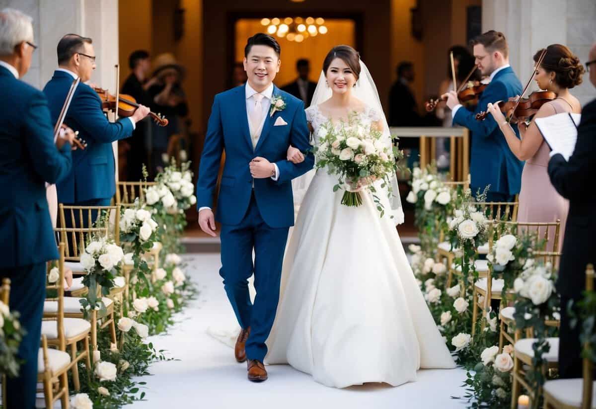 A bride and groom walk down an aisle adorned with flowers as musicians play a traditional wedding song