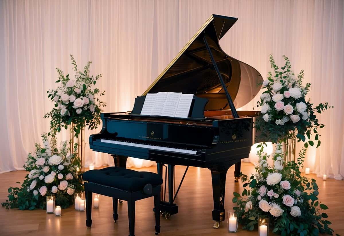 A grand piano surrounded by elegant floral arrangements and soft candlelight, with sheet music for a classical wedding song resting on the music stand