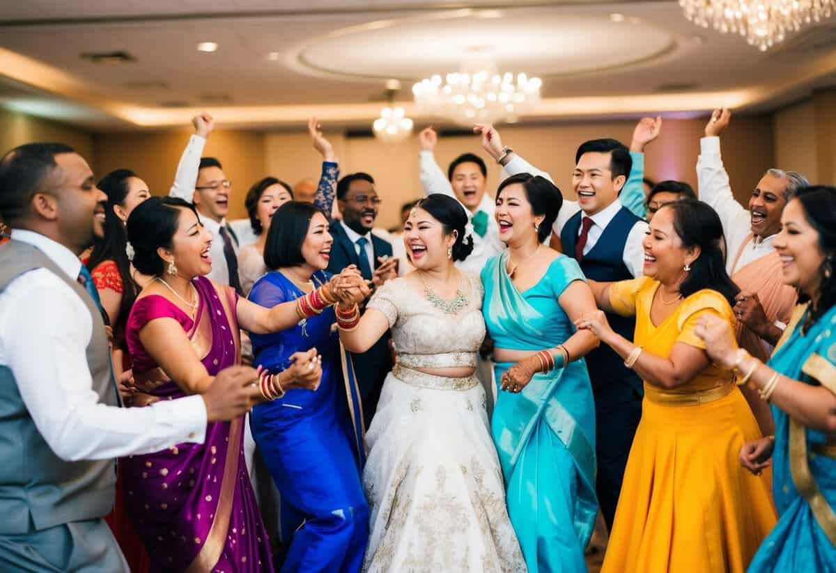 A diverse group of people dancing and singing together at a wedding, representing different cultures and traditions