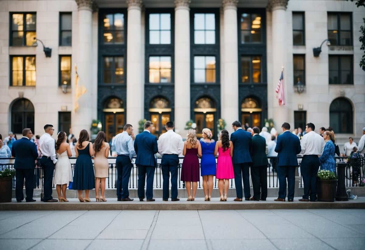 A bustling city hall with a line of couples waiting to apply for marriage licenses