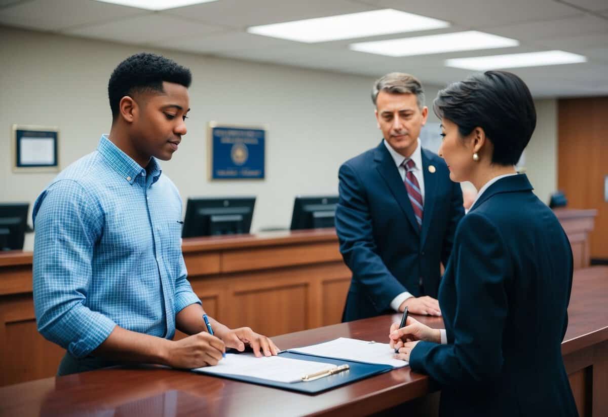 A person standing at a government office counter, filling out paperwork and speaking with an official