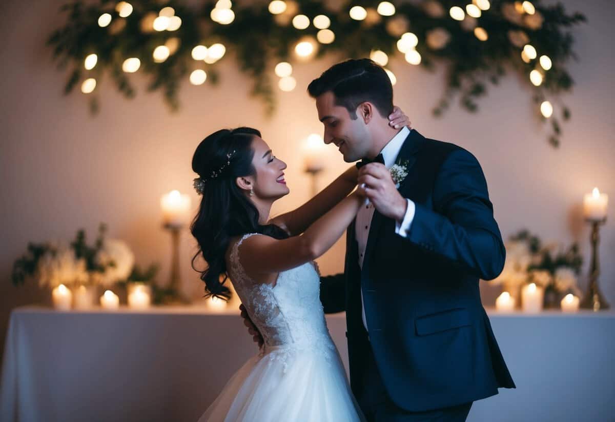 A couple dancing in a dimly lit room, surrounded by soft candlelight and romantic decor