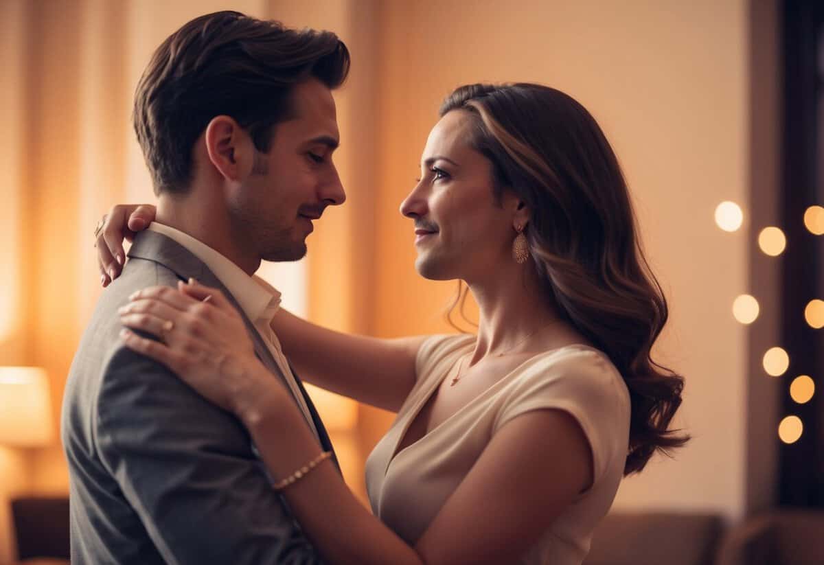 A couple slow dancing in a warmly lit room, gazing into each other's eyes with a look of love and tenderness