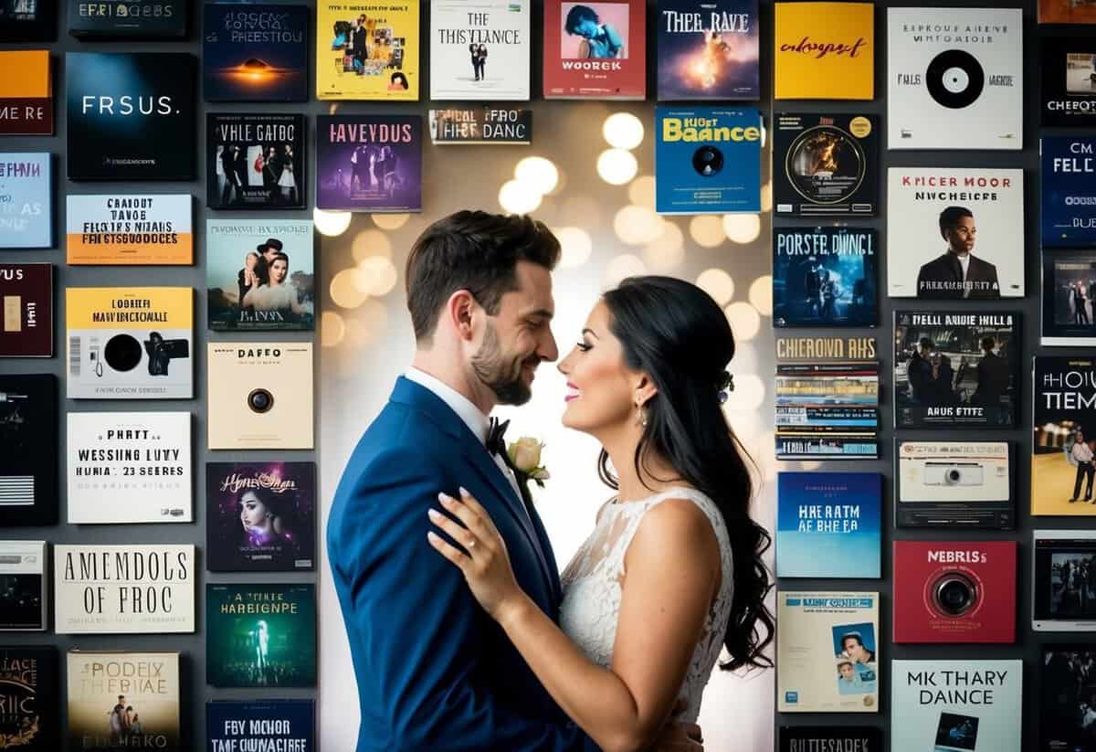 A couple surrounded by various music genres and artists, pondering their perfect first dance song