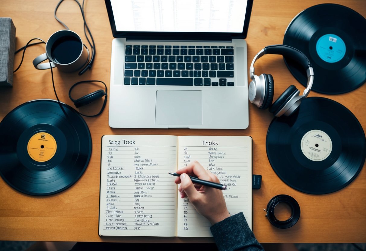 A table with a laptop, headphones, and a notebook filled with song titles. Surrounding it are scattered vinyl records and a warm, cozy atmosphere
