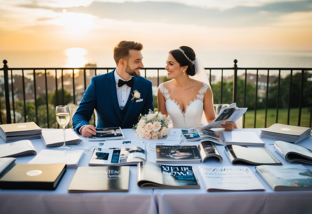 A couple sits at a table covered in wedding magazines and music notes, discussing their wedding style and creating the perfect playlist