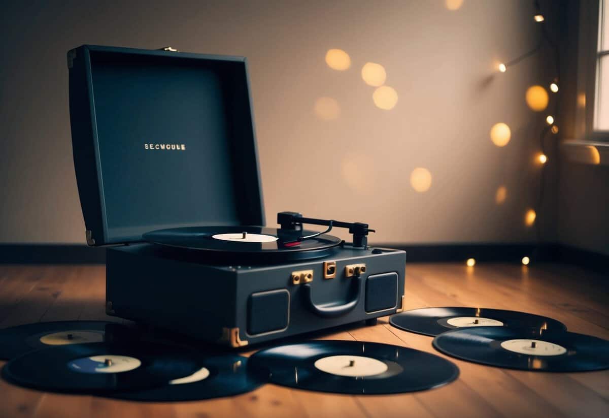 A dimly lit room with a record player and vinyls scattered on the floor. Soft, warm colors and a cozy atmosphere