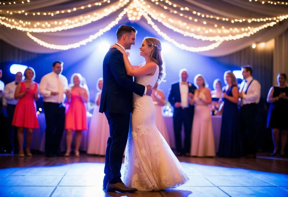 A couple stands on a dance floor, surrounded by twinkling lights. They hold each other close, swaying to the music, lost in the moment