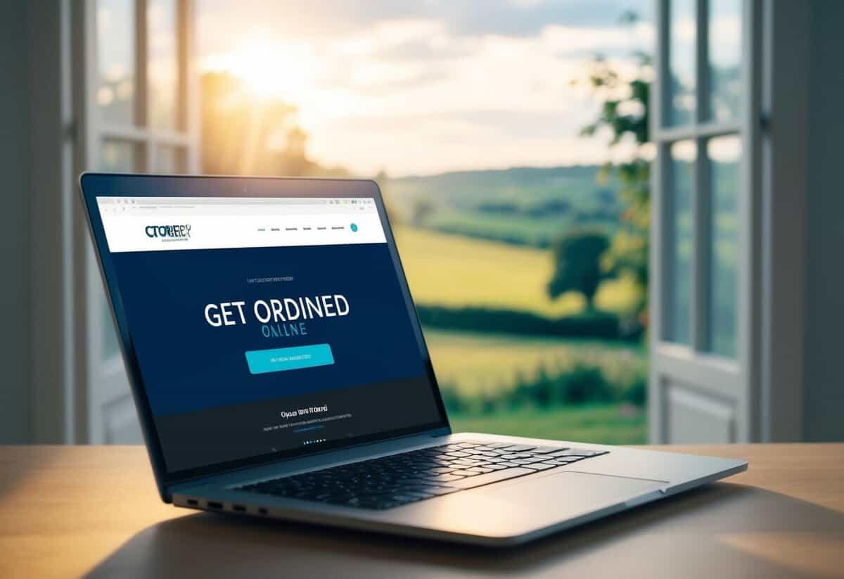 A laptop open to a website with a "Get Ordained Online" button, surrounded by a serene, sunlit room with a view of the countryside