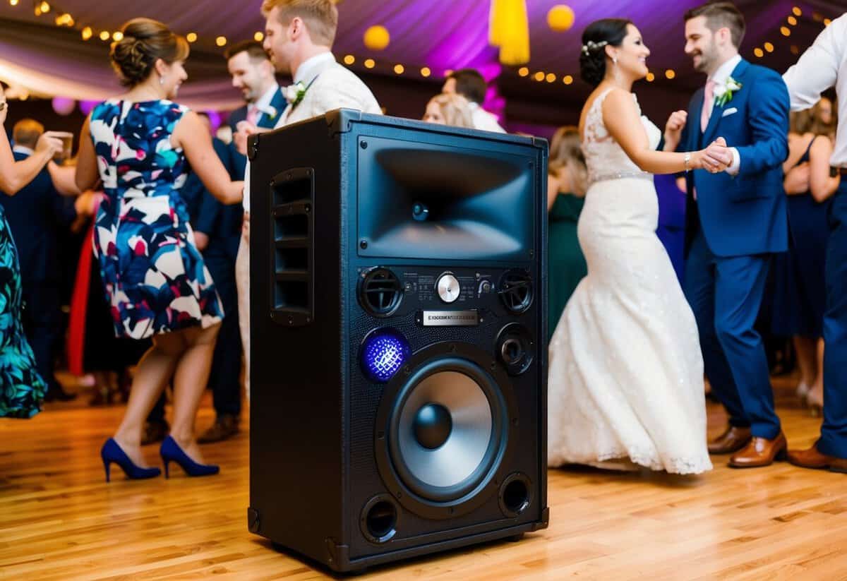A wedding scene with a speaker playing a playlist, surrounded by dancing guests and colorful decorations
