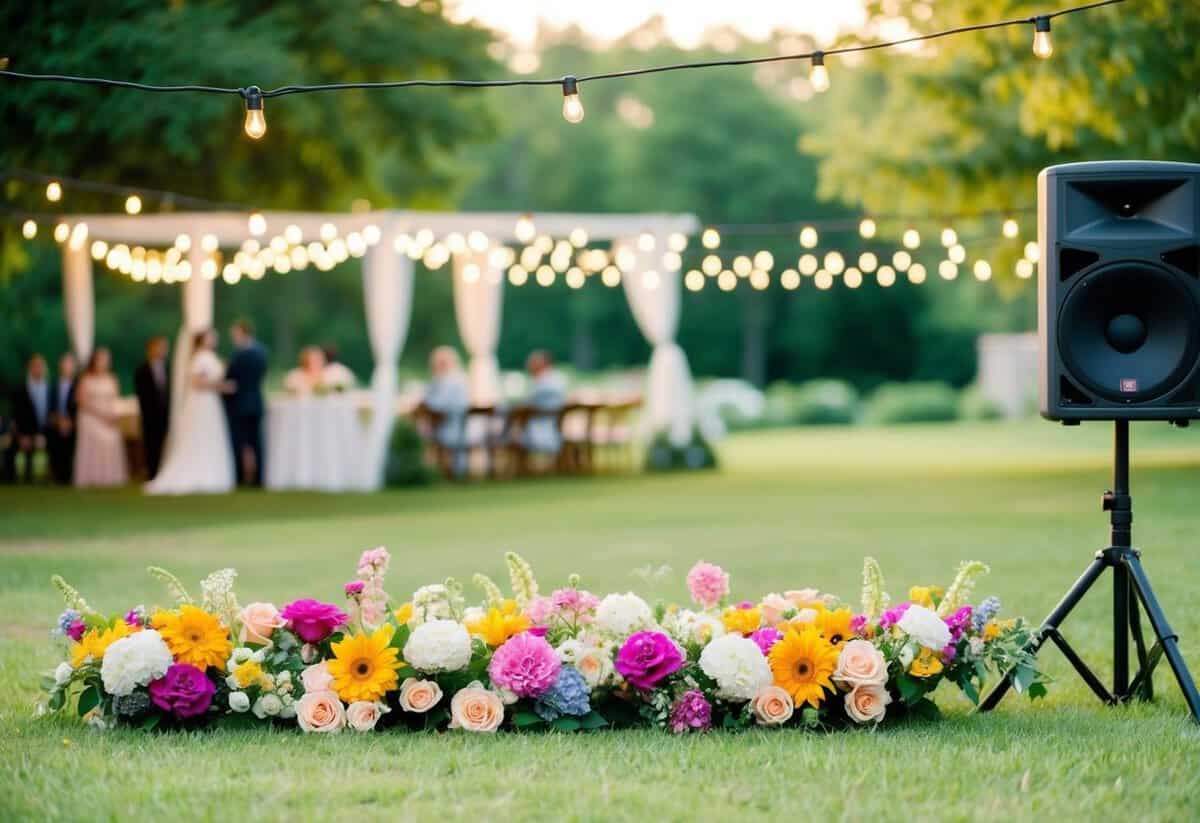A serene outdoor wedding venue with colorful flowers and string lights, where a speaker emits soft music, setting a romantic and joyful atmosphere