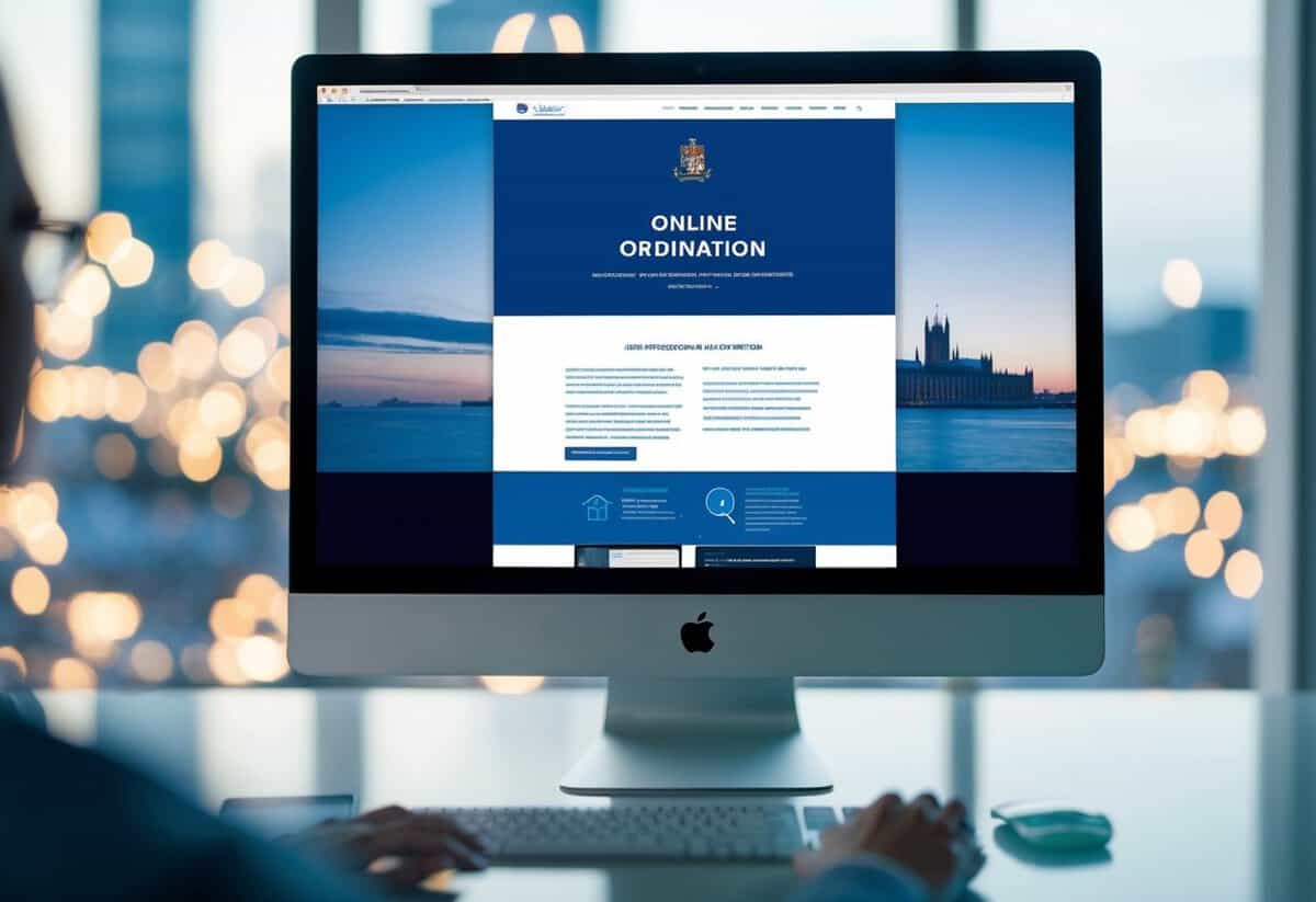 A computer with a UK legal website open, displaying a page about online ordination