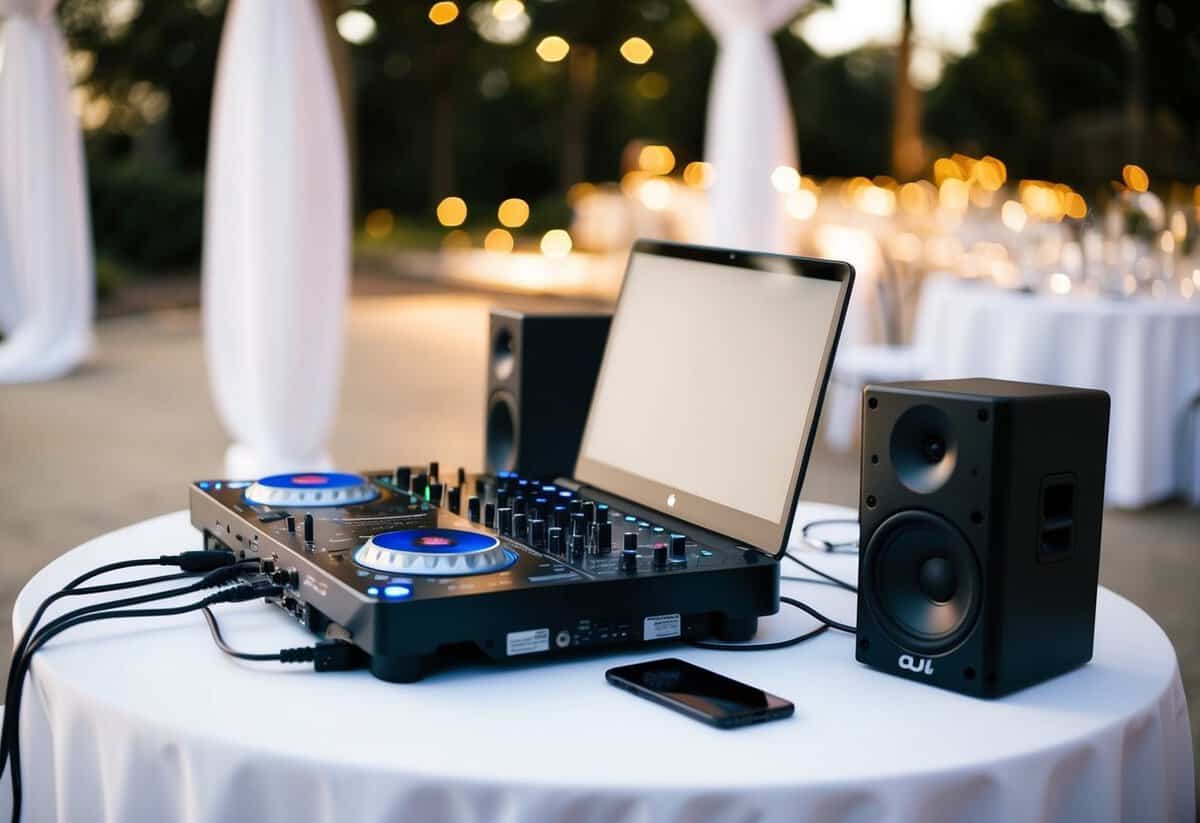 A sleek, modern DJ setup with a laptop, mixer, and speakers, all connected and ready to play music at a wedding
