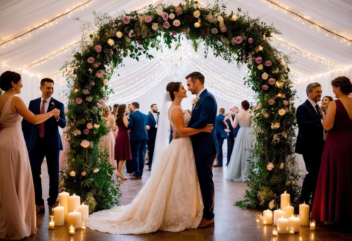 A bride and groom stand under a floral arch, surrounded by twinkling lights and flickering candles. Soft music fills the air as guests mingle and dance in the romantic atmosphere