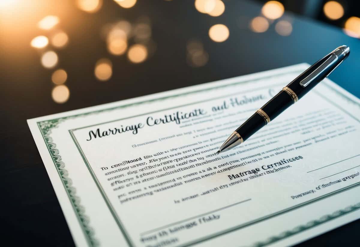 A pen hovering over a marriage certificate on a desk