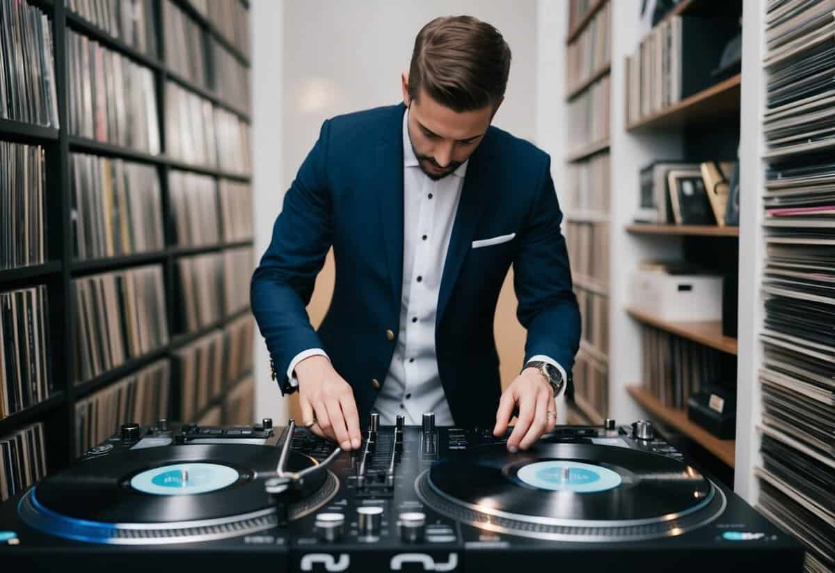 A DJ stands in front of a wall of vinyl records, selecting and organizing them for a wedding event