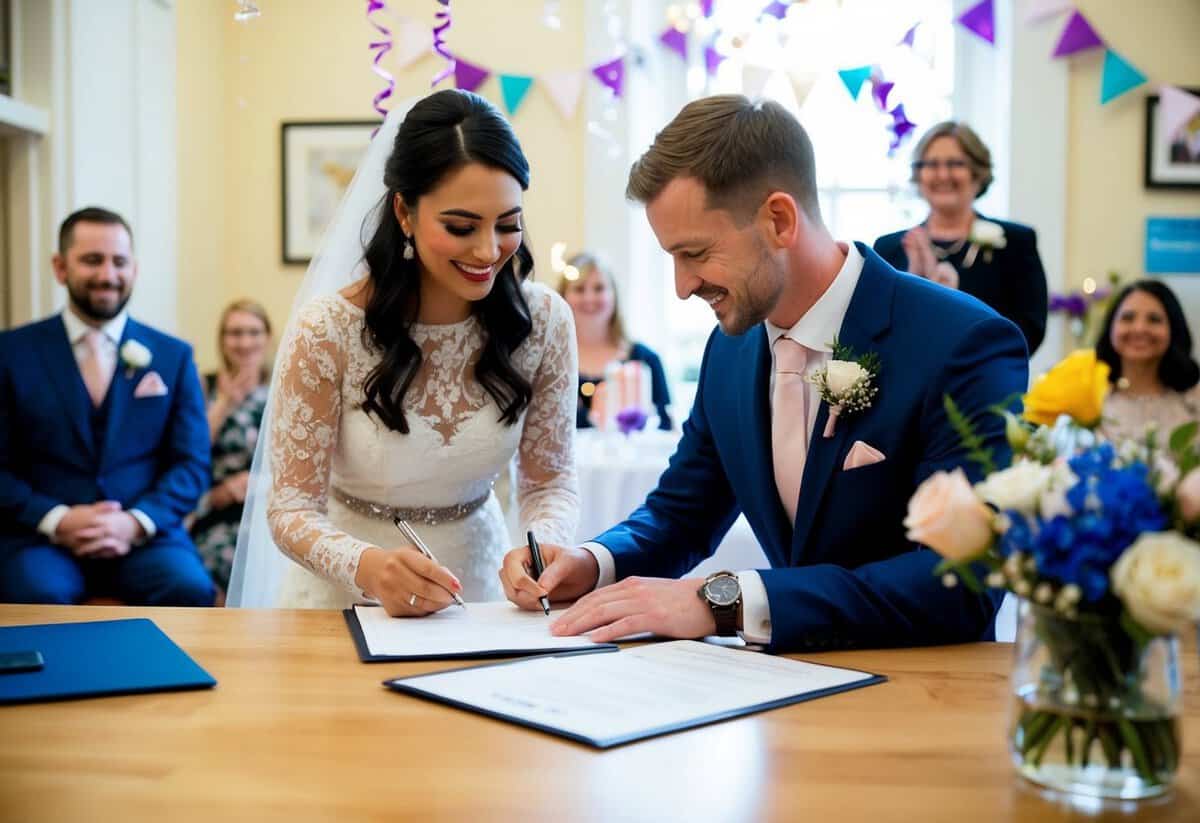 A couple signing marriage papers at a registrar's office, surrounded by celebratory decorations and a sense of joy and love in the air