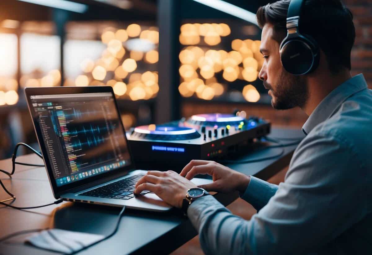 A DJ downloading music from a licensed online platform onto their laptop