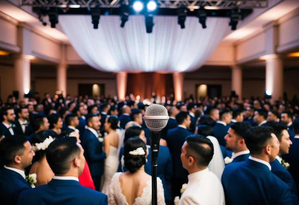A crowded wedding venue with a stage, microphone, and spotlight