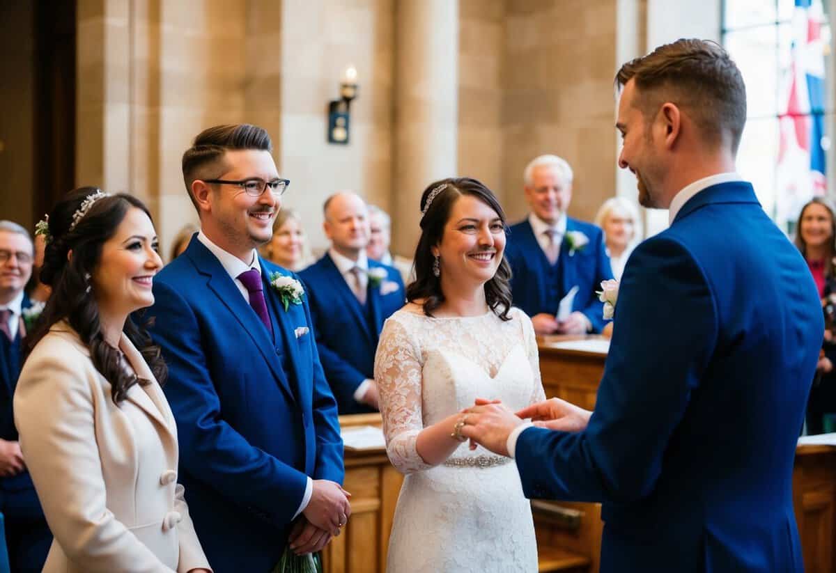 A registrar conducts a marriage ceremony in a Scottish courthouse. Couples stand before them, exchanging vows and rings. Family and friends look on with joy