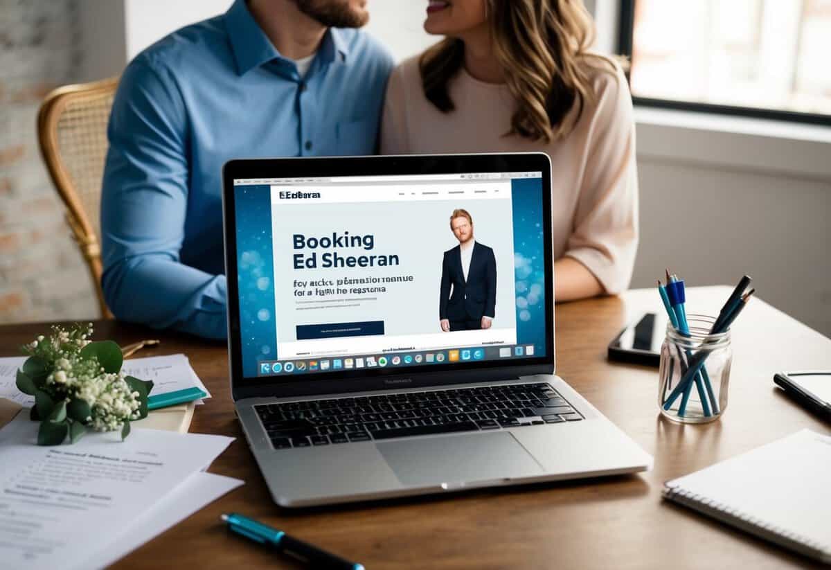 A couple sits at a desk with a laptop, surrounded by wedding planning materials. The laptop screen displays the website for booking Ed Sheeran for a performance