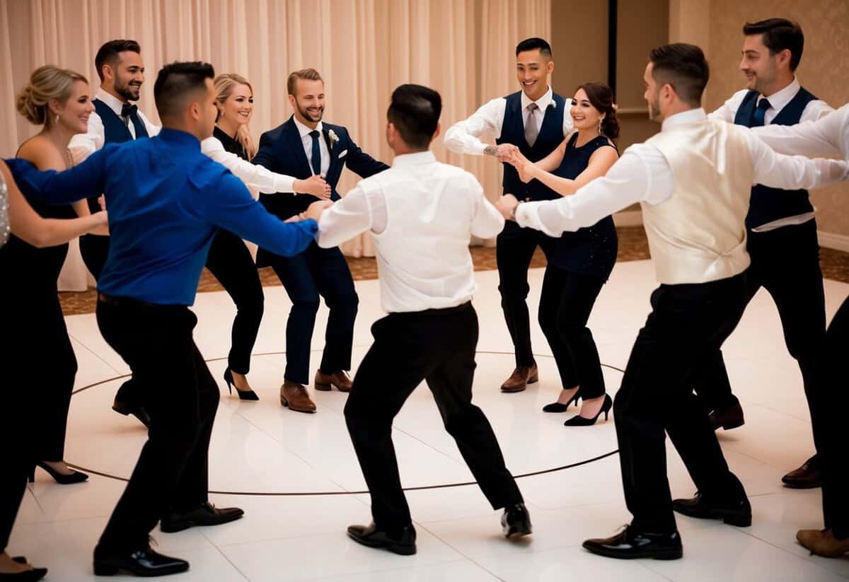 A group of people in formal attire forming a circle on the dance floor, moving in sync to the upbeat rhythm of the "Electric Slide" at a wedding reception