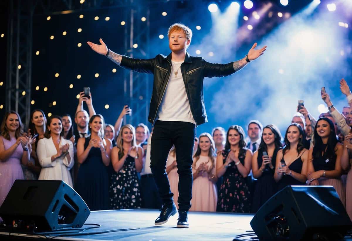 Ed Sheeran performing on a stage at a wedding, surrounded by adoring fans and twinkling lights