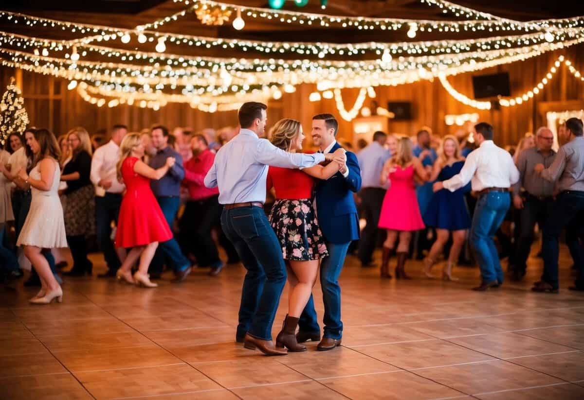 A crowded dance floor with couples moving in sync to a lively country song, surrounded by festive decorations and twinkling lights